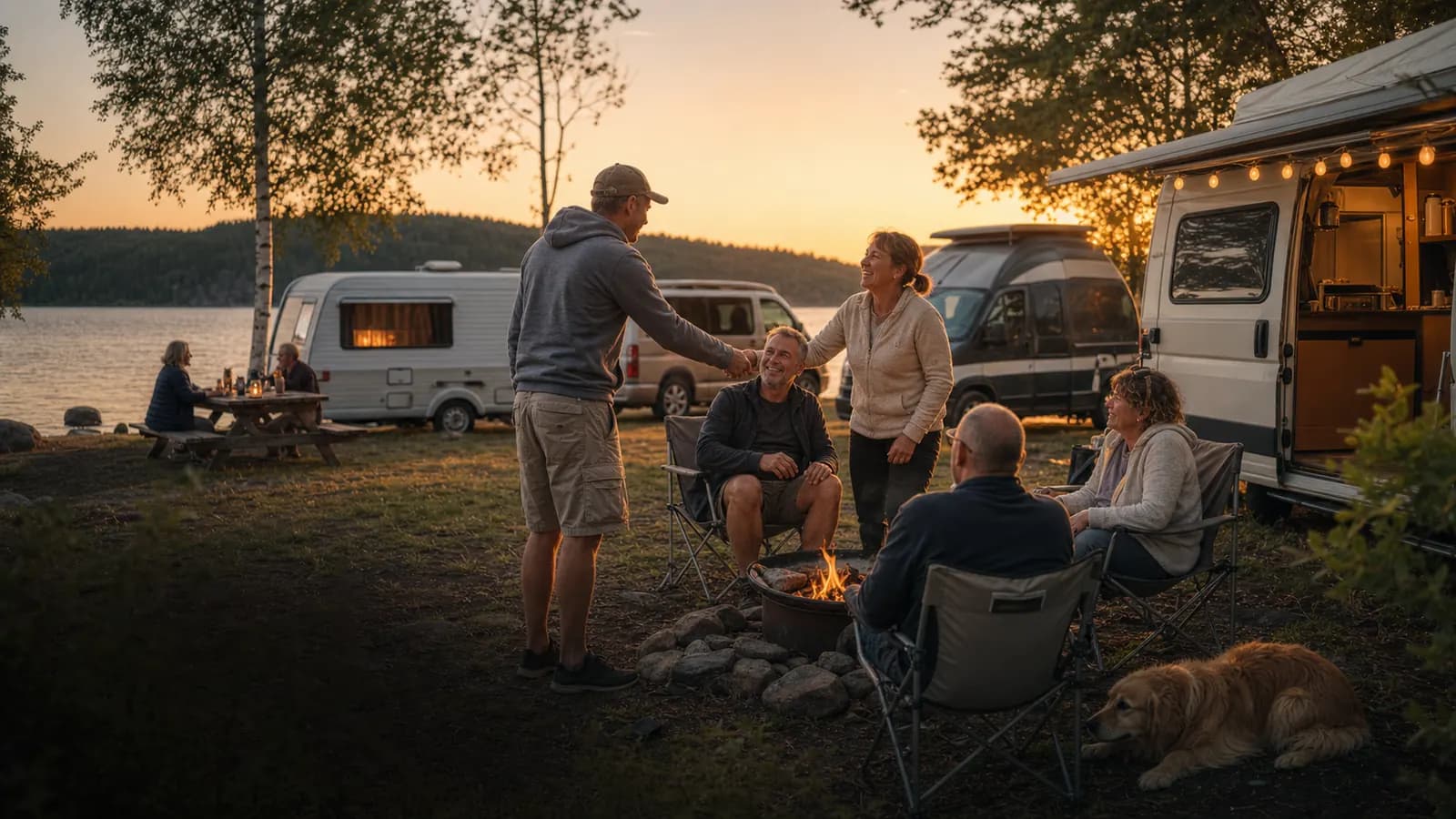 Camperinnen und Camper sitzen an einem Lagerfeuer am See.