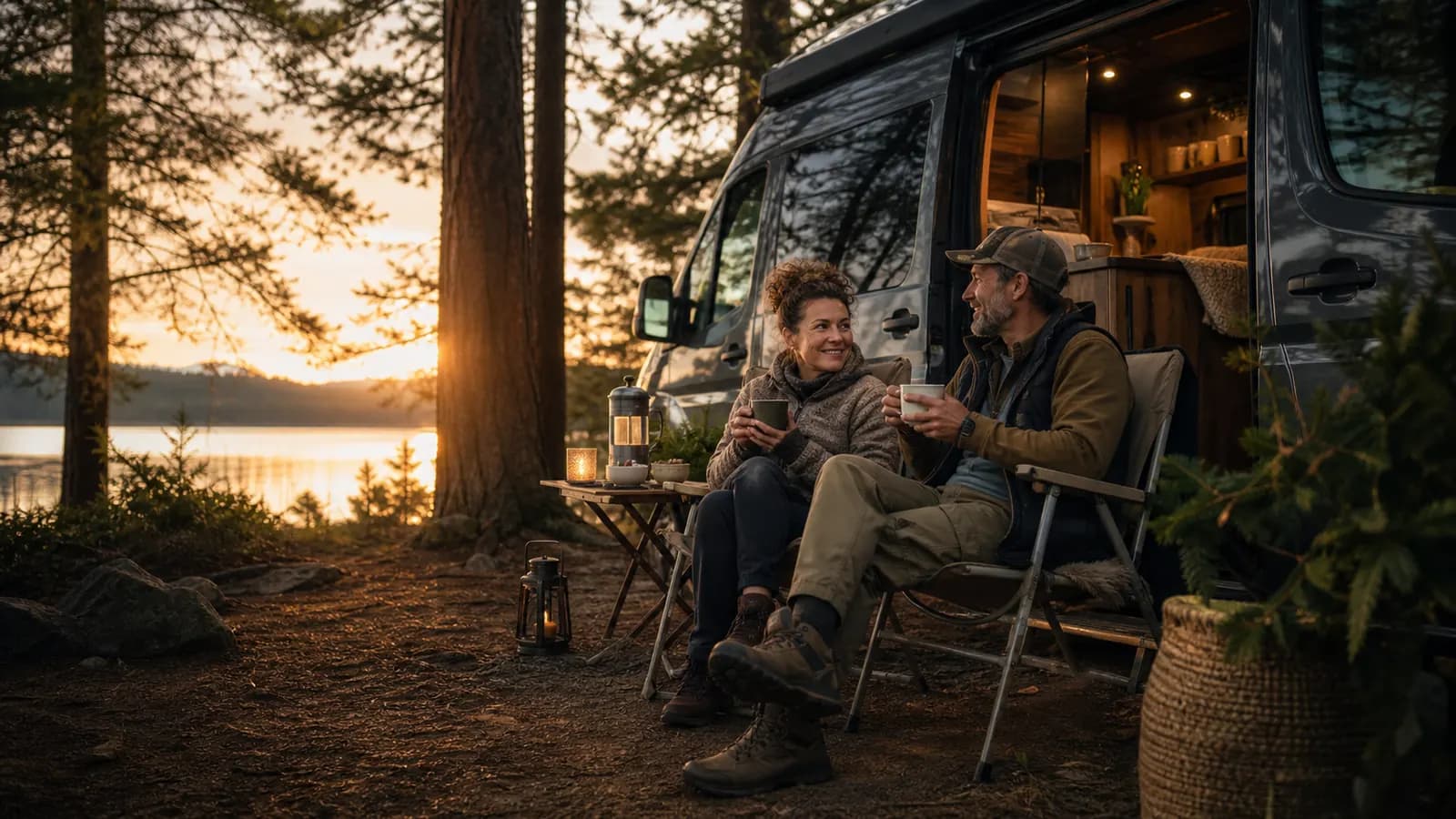 Ein Paar genießt Kaffee vor seinem Camper am See.