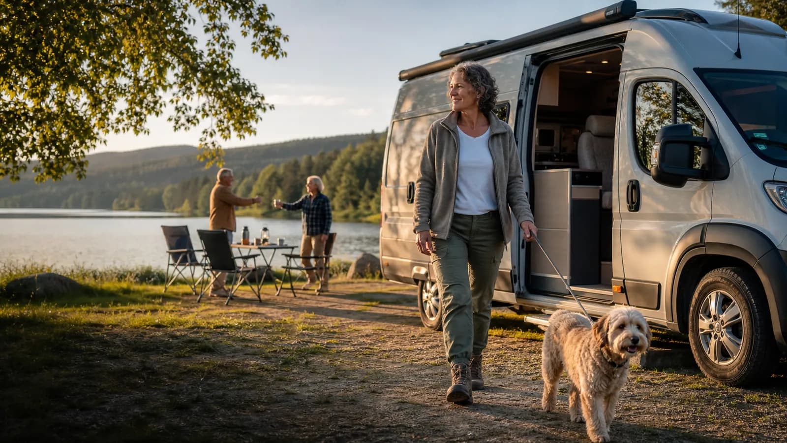 Eine Camperin geht mit ihrem Hund an einem Stellplatz am See spazieren.