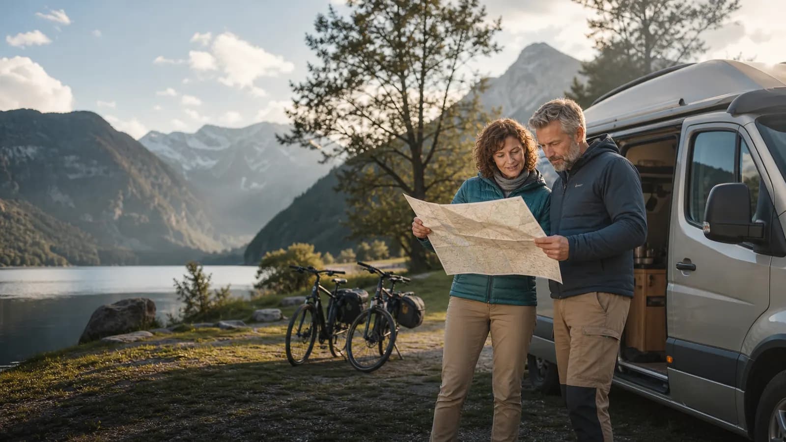 Zwei Camper planen mit Karte und Fahrrädern eine gemeinsame Tour.