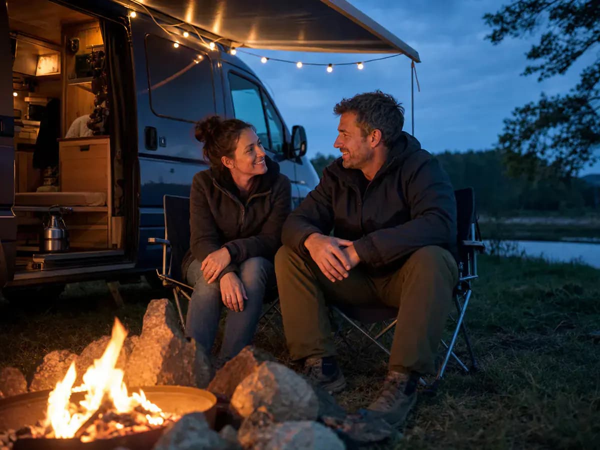Ein älteres Paar sitzt entspannt vor seinem Camper am Lagerfeuer.