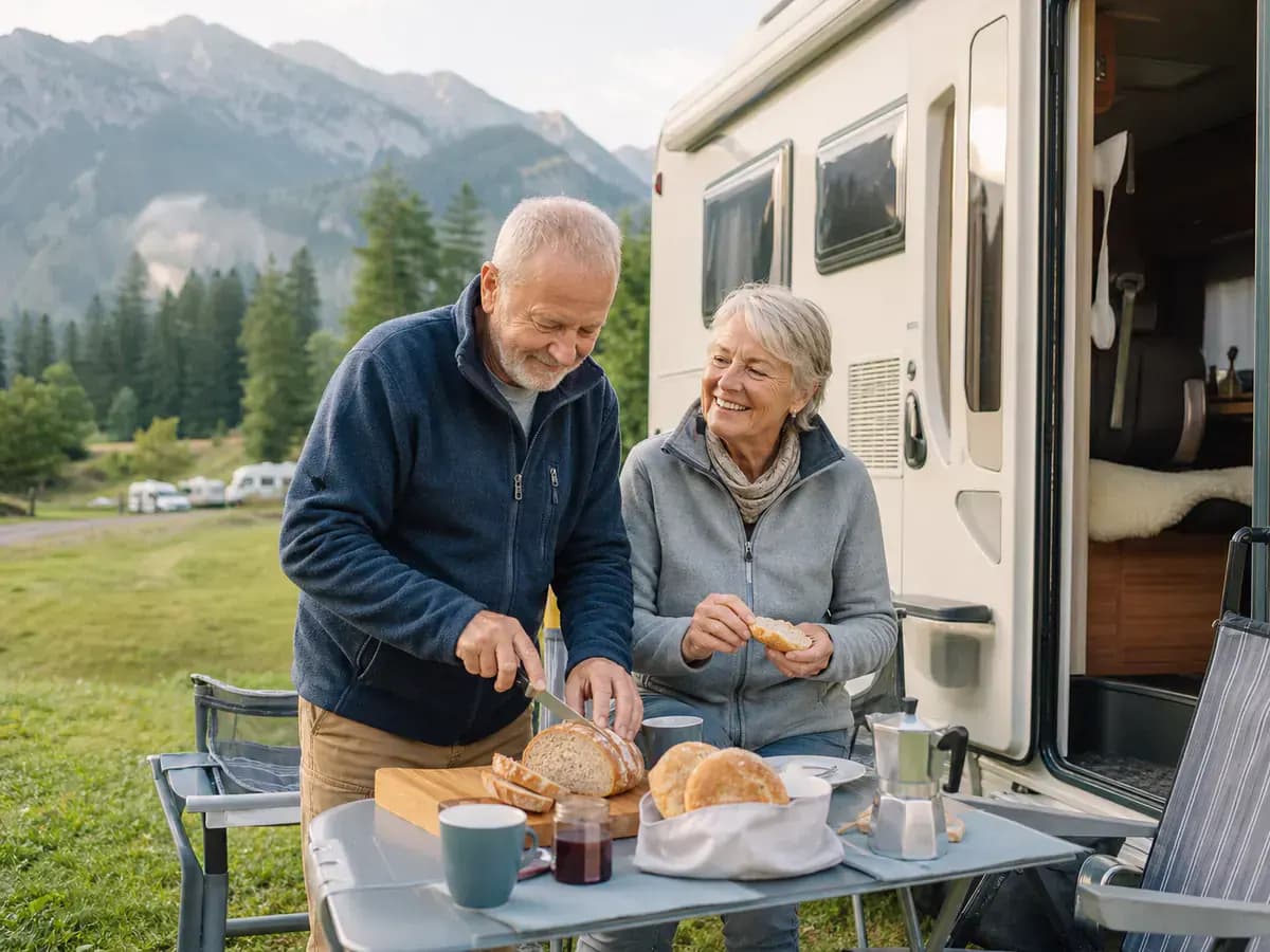 Ein älteres Paar teilt einen warmen Moment bei Kaffee vor dem Wohnmobil.
