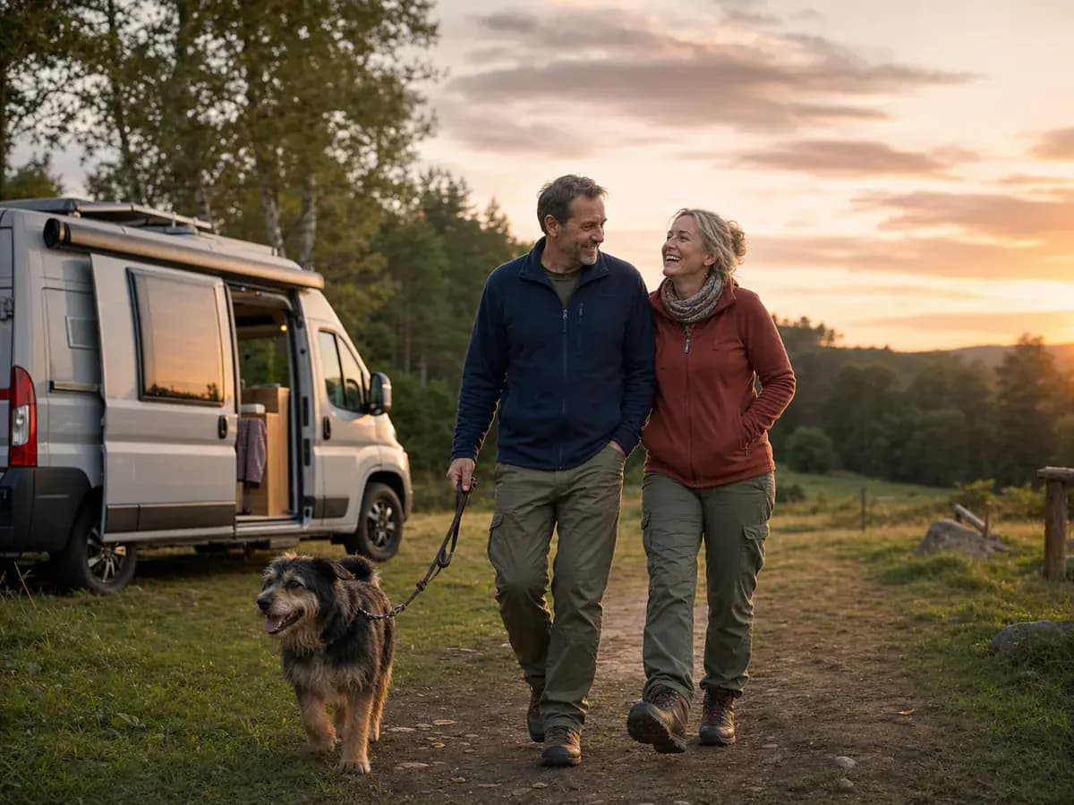 Ein Paar geht mit seinem Hund an einem Campingplatz spazieren.
