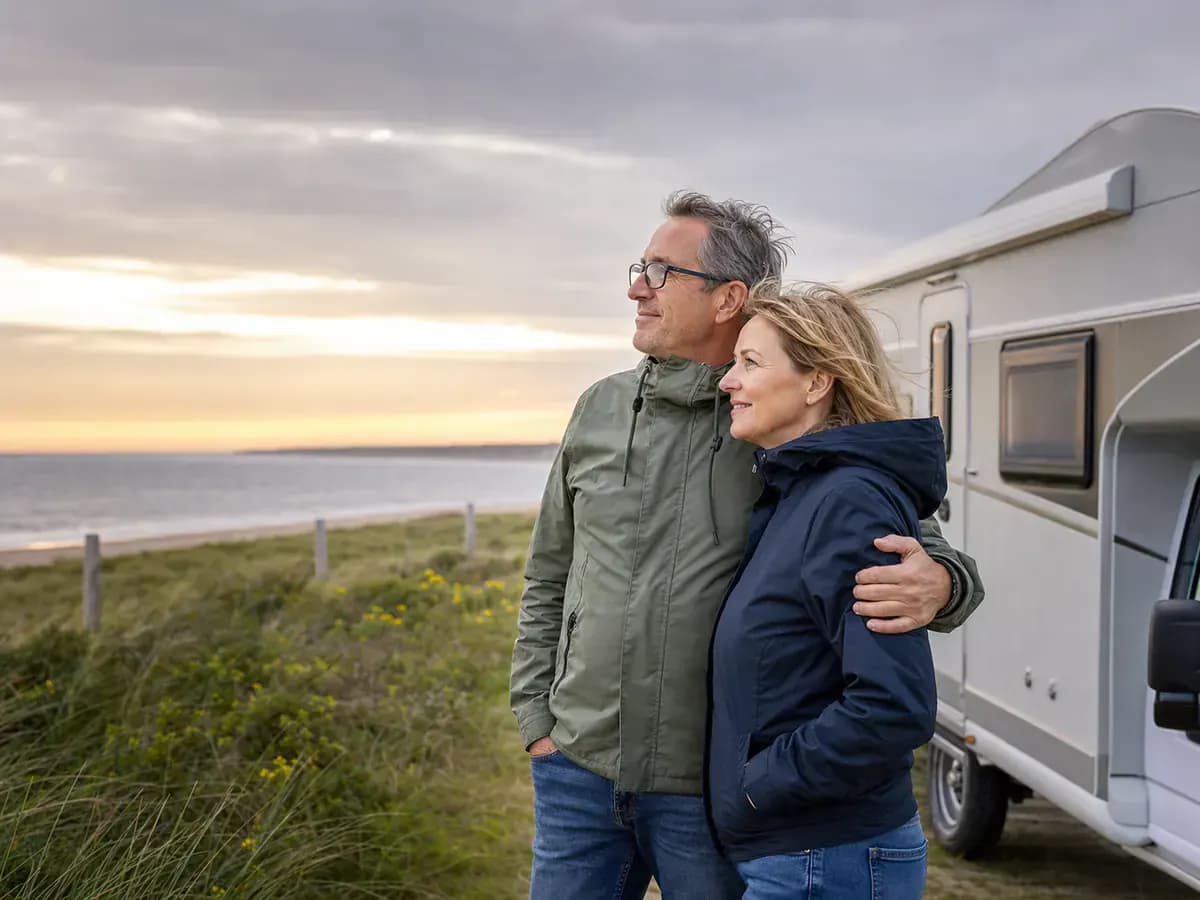 Ein Paar betrachtet gemeinsam den Sonnenuntergang neben seinem Camper.